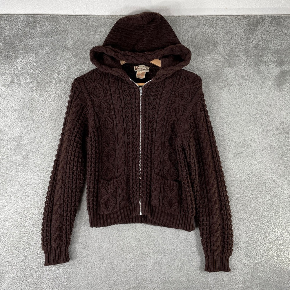 Vintage Vanguard‎ Chunky Cable Knit Hoodie Womens Medium Brown Full Zip Sweater